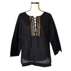 C. Wonder Black Cotton Studded Lace-Up Tunic Top Small Embellished Boho Festival
